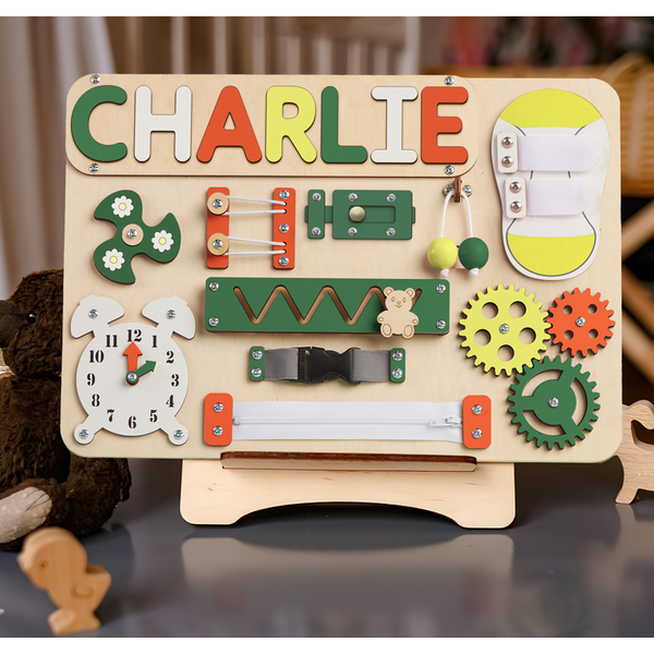 Personalized Toddlers Busy Board, Development Toys, Montessori Toys, Nursery Baby Decor-image