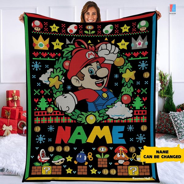 Personalized Super Mario Ugly Christmas Throw Blanket, Mario-image