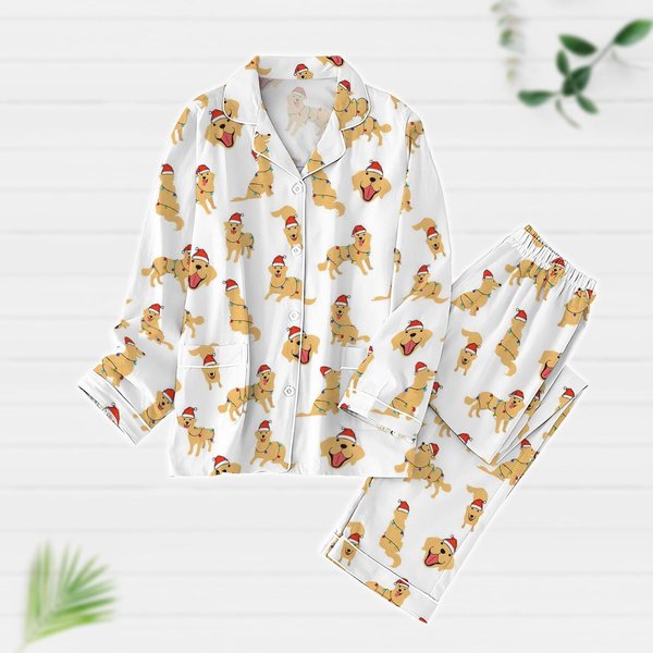 Christmas Golden Retriever Family Pajamas, Dog Christmas Santa Lights Pajamas-image