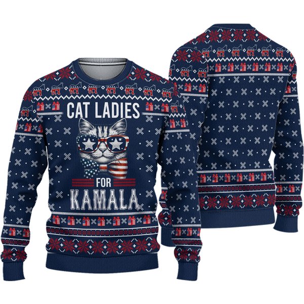 Cat Ladies For Kamala Ugly Christmas Sweater, Merry Harrismas Ugly Sweater