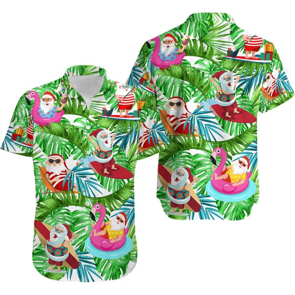 Tropical Santa Happy Christmas In July Hawaiian Shirt, Pink Flamingo Hawaiian-image
