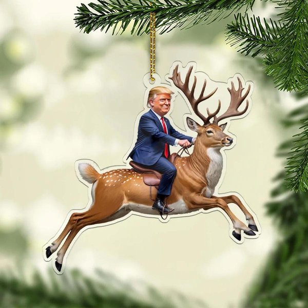 Trump Riding Reindeer Ornament, Funny Trump Christmas Acrylic Ornament-image