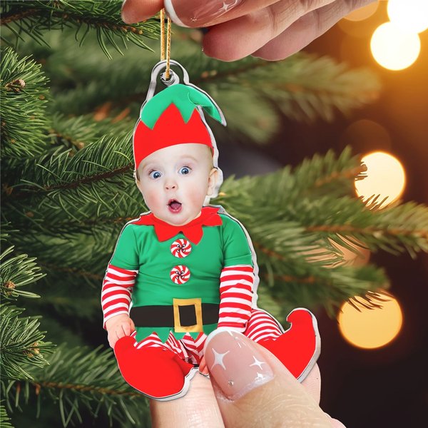 Adorable Newborn Baby Elf - Personalized Babys Photo First Christmas Ornament-image