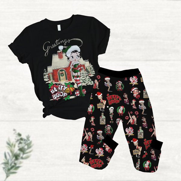 Christmas Betty Boop Pajamas Set, Vintage Cartoon Movie Womens Pajamas, Betty Boop Midnight Shirt