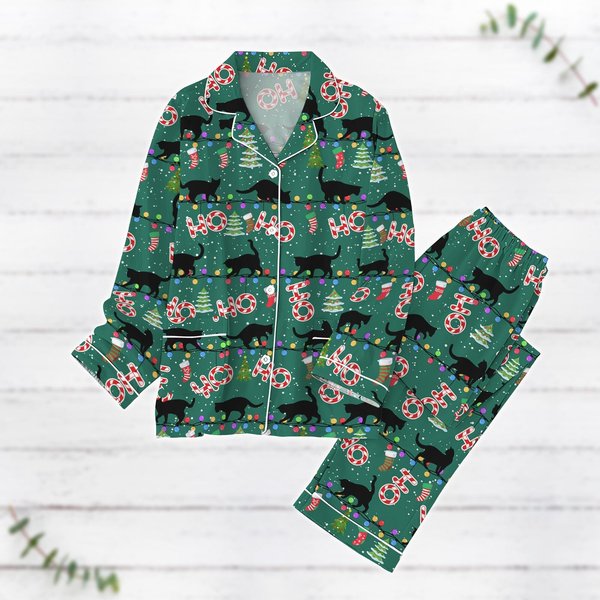 Black Cat Christmas Pajamas Set, Cute Cat Holiday Pajamas-image