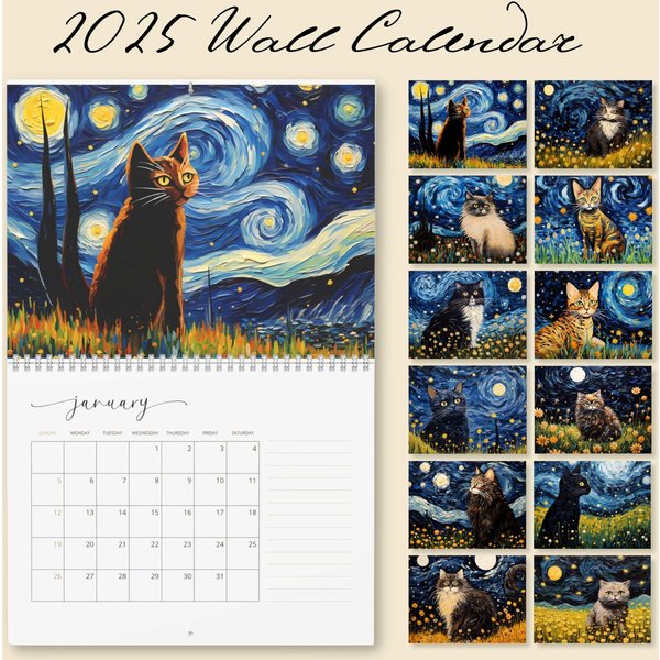 Cat Art 2025 Wall Calendar, Van Gogh Starry Night-image