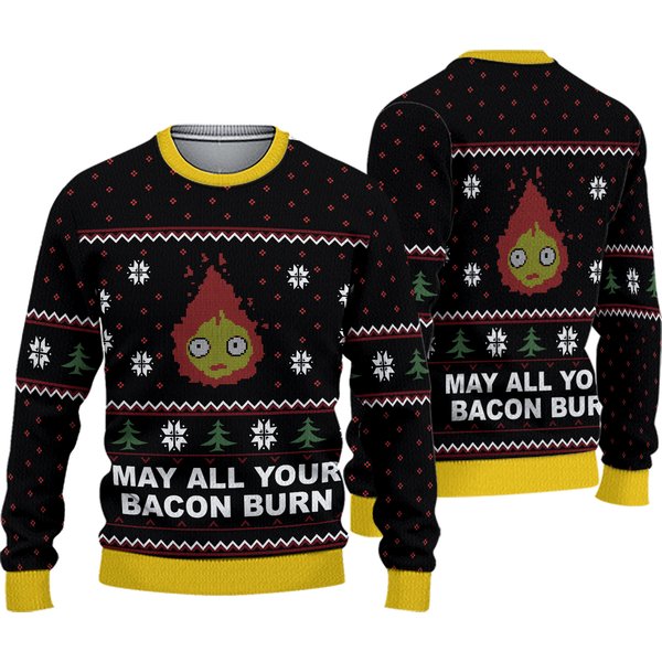 Studio Ghibli May All Your Bacon Burn Calcifer Ugly Christmas Sweater-image
