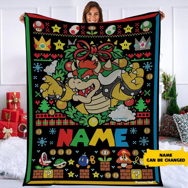 Persionalized Name Bowser Ugly Christmas Blanket, Super Mario Bowser Christmas Blanket-image