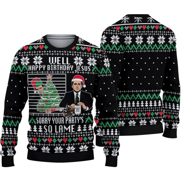 The Office Happy Birthday Jesus Sorry Your Parties So Lame Ugly Christmas 3D Sweater-image