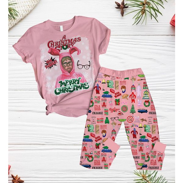Ralphie Pink Bunny Pajamas, A Christmas Story Pajamas Set, Oh Fudge Xmas Pajamas-image