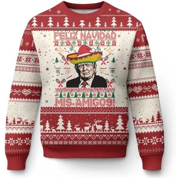 Funny Donald Trump Ugly Christmas Sweater - Feliz Navidad Mis Amigos Holiday