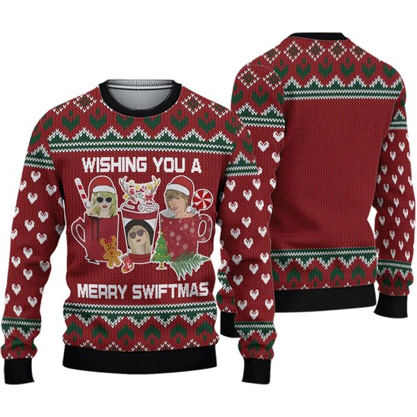 Wishing You A Merry Swiftmas Ugly Xmas Sweater, Merry Swiftmas Woolen Sweatshirt, Swiftiee Coffee Cup Shirt, Music Xmas Sweater-image