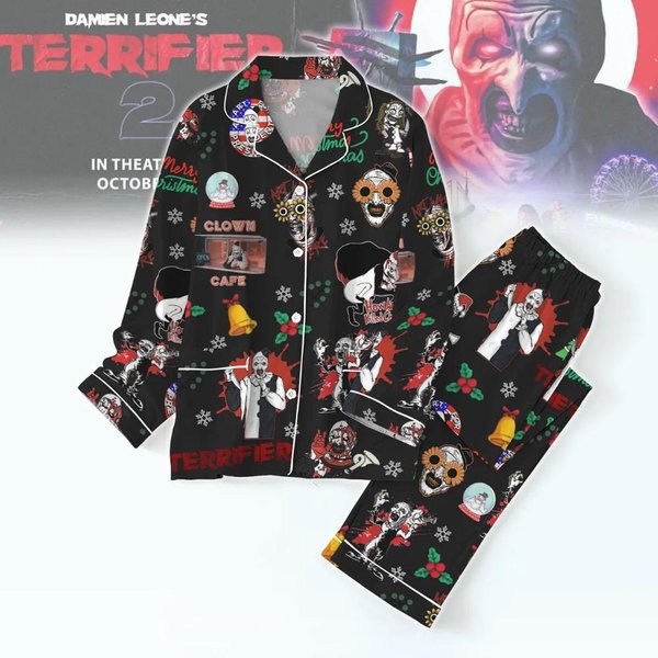Terrifier Art The Clown Christmas Pajamas, Scary Clown Holiday Adult Pajamas Sets-image