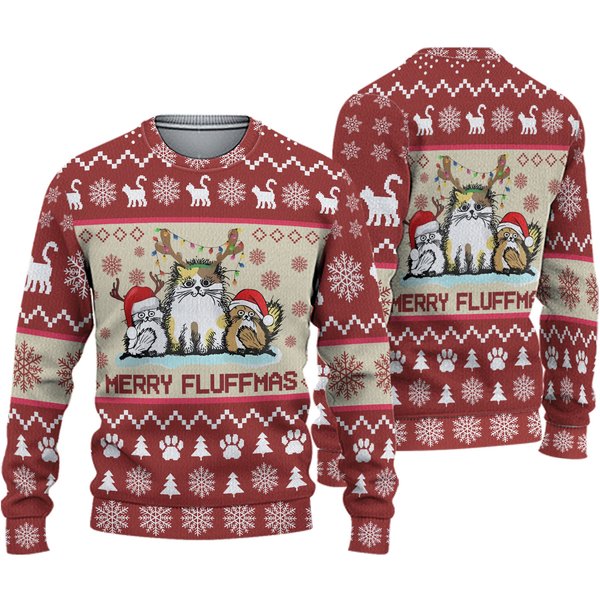 Cat Christmas Ugly Sweater, Merry Fluffmas Holiday Sweater, Cat Meowy Ugly Xmas Sweater-image