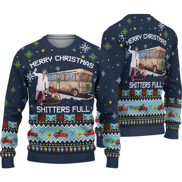 National Lampoon Shitters Knitted Xmas Navy Sweater, Christmas Gifts
