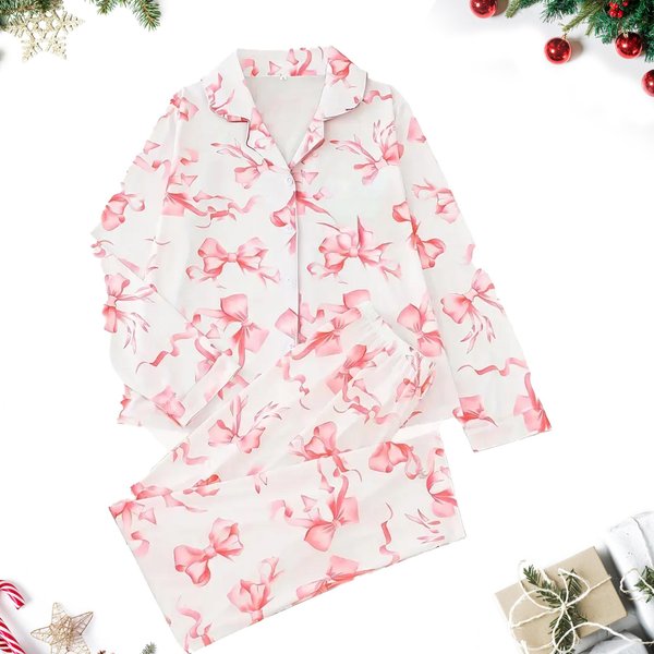 Bow Tie Christmas Pajamas Set, Coquette Pink Pajamas Set