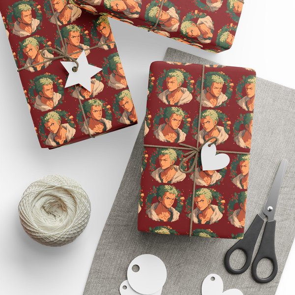 One Piece Anime Roronoa Zoro Christmas Wrapping Papers - Manga Otaku Red Wrapping Paper-image