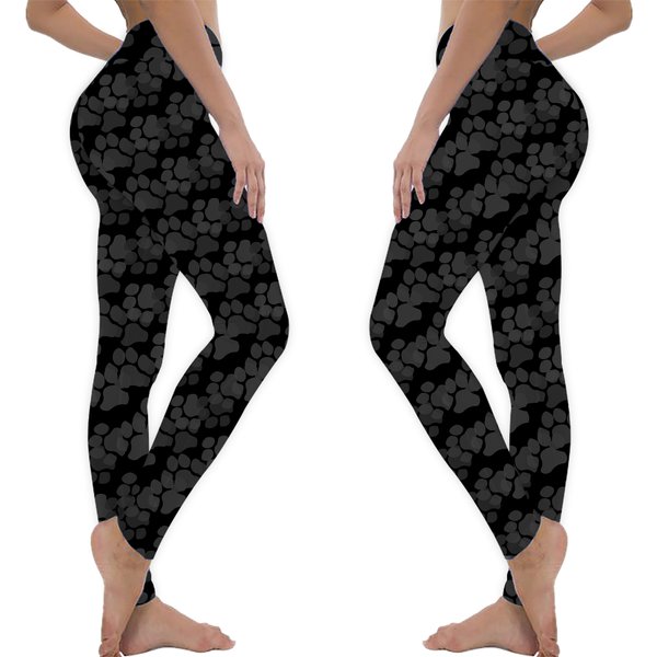 Dog Paws Camo Leggings, Black Grey Camouflage Printed Yoga
