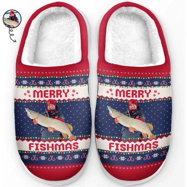 Custom Photo Merry Fishmas - Fishing Slippers - Christmas Gift For Fishing Lovers-image