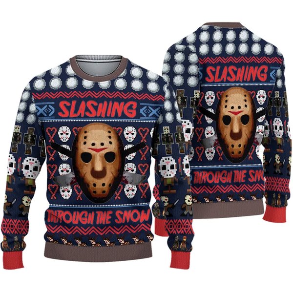 Slashing Through The Snow Jason Vorhee Ugly Christmas Sweater, Christmas Sweater-image
