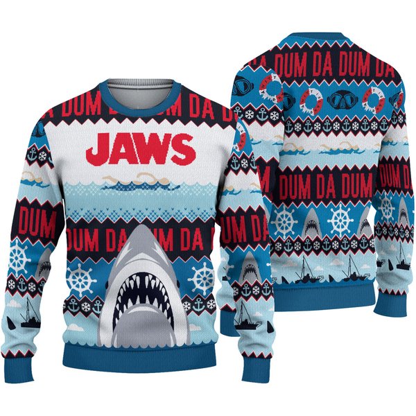 Jaws Da Dum Shark Ugly Christmas Sweater, Jaws Ugly Christmas Vintage 3d Sweater