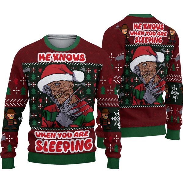 He Knows When You Are Sleeping Fred Claw Christmas Freddy Krueger Ugly Christmas Sweater