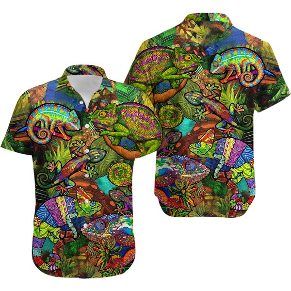 Colorful Iguanas Hawaiian Shirt, Iguanas Button Down Short Sleeve Summer Vacation Hawaii Shirt-image