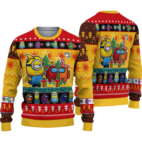 Funny Minions And Among Us Christmas Sweater-image