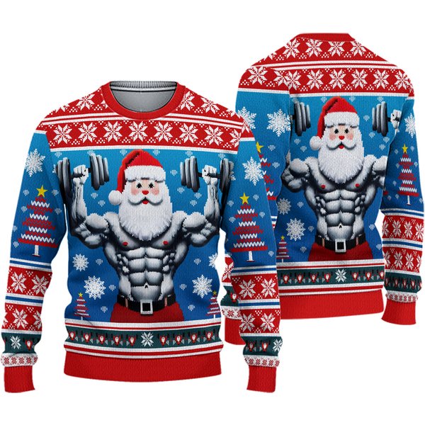 Santa Gym Lifting Ugly Christmas Sweater, Muscular Santa Claus Sweater-image
