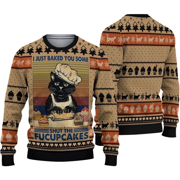 Funny Black Cat Bakes Cake Ugly Christmas Sweater, Cat Lovers Gift Ugly Sweater-image