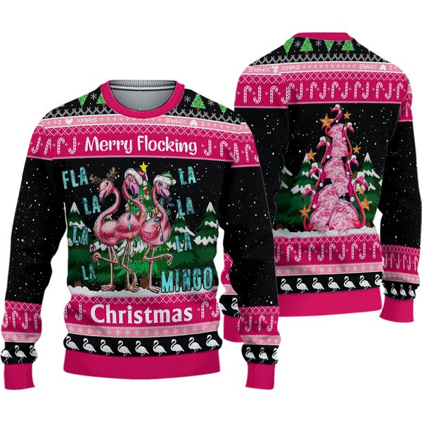 Pink Flamingo Merry Flocking Ugly Sweater, Funny Flamingo Christmas Sweatshirt-image