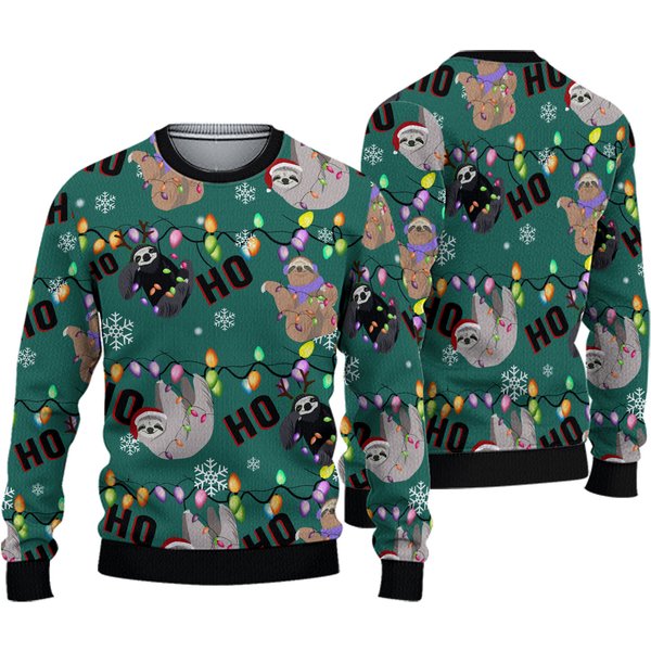 Funny Sloth Ugly Christmas Sweater, Sloth Christmas Lights 3D Sweater-image