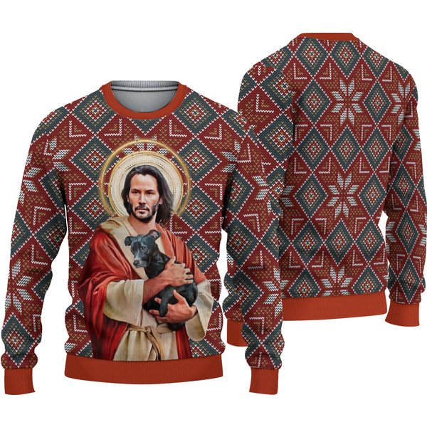 Ugly Christmas Sweater Jesus Keanu Reeves With Dog Ugly Christmas Sweater-image