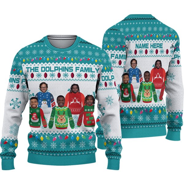 Custom Name Miami Football Christmas Ugly Sweater, Dolphins Family
