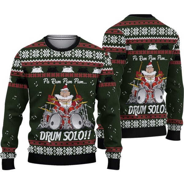 Drum Solo Funny Santa 3D Ugly Christmas Sweater-image