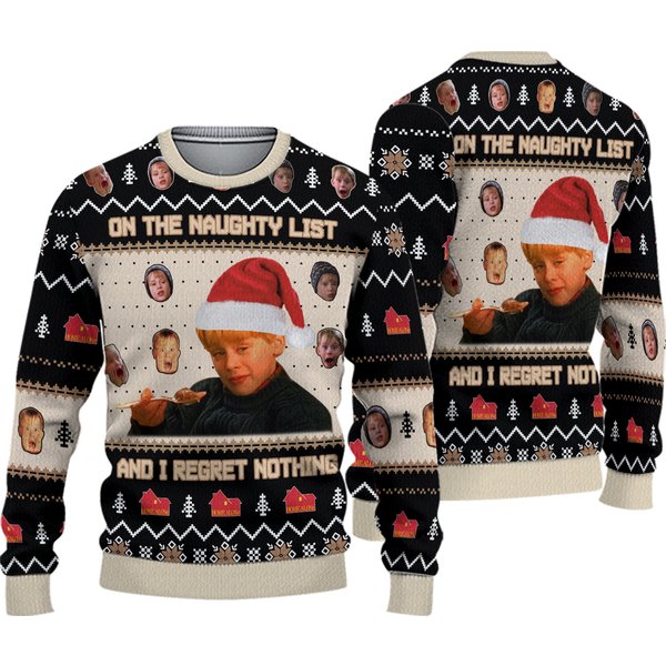 Kevin Mccallister Ugly Sweater, On The Naughty List And I Regret Nothing Shirt-image