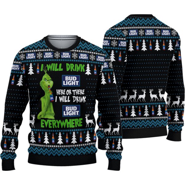 Bg Funny Character I Will Drink Bud Light Everywhere Ugly Christmas Sweater-image