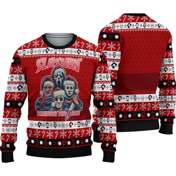 Horror Guys Slashin' Through The Snow Ugly Sweaters, Christmas Holiday Sweaters-image