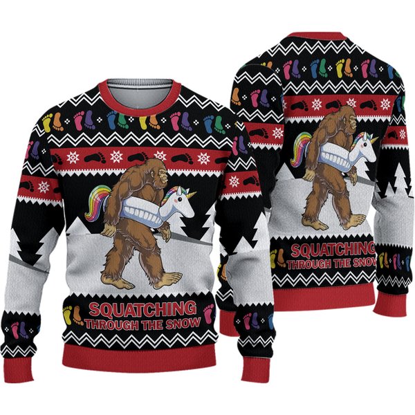 Squatching Through Snow Quotes Sweater, Funny Monster Ugly Christmas Sweater-image