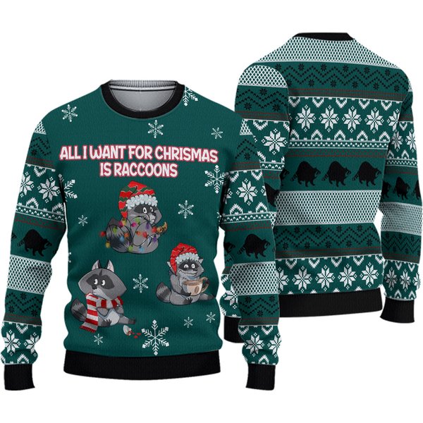 Raccoon Christmas Sweater - All I Want For Christmas Is Raccoons Ugly Sweater-image