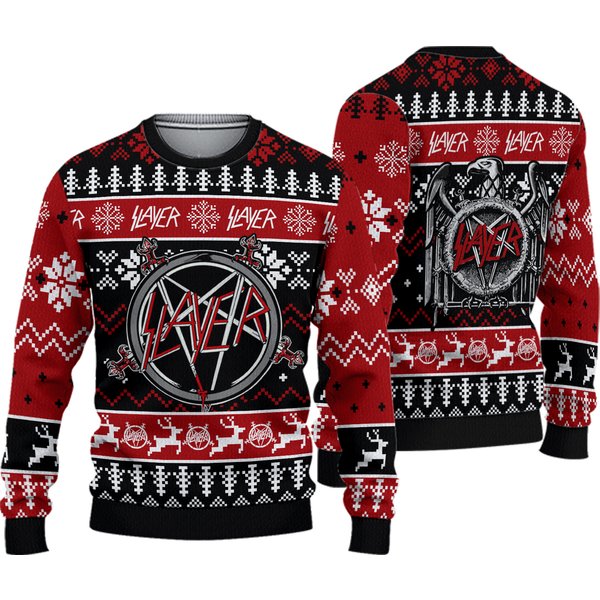 Slayer Logo Reindeer Pattern Thrash Metal Band Ugly Christmas Sweaters-image