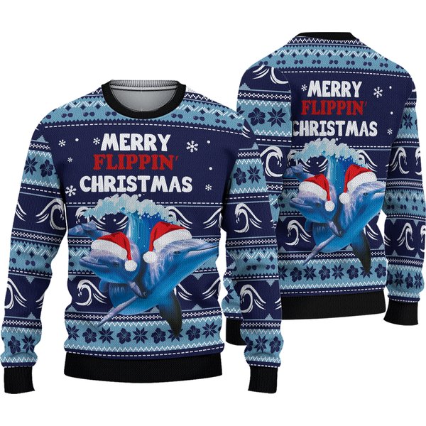 Dolphin Flippin' Christmas Ugly Christmas Sweater, Ocean Holiday Sweater-image