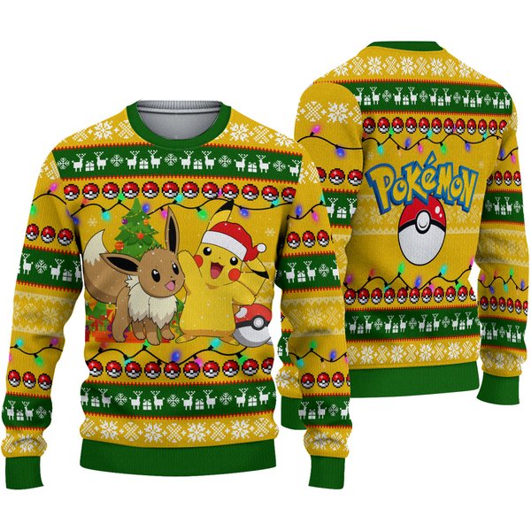 Pika And Eevee Pkm Ugly Christmas Sweater, 3D Sweater-image