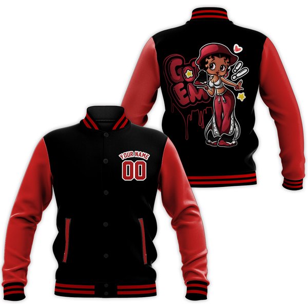Custom Bred Velvet Unisex Varsity Jacket, Got Em Baseball Jacket-image