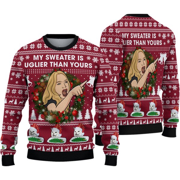 Christmas Cat Woman Meme Ugly Sweater, My Sweater Uglier Than Yours Shirt-image