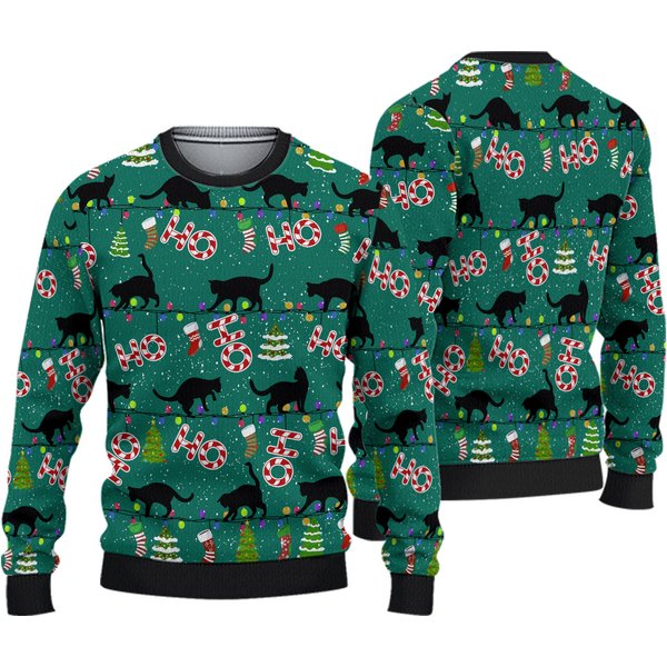 Black Cat Ugly Christmas Sweater, Cat Christmas Lights Sweater-image