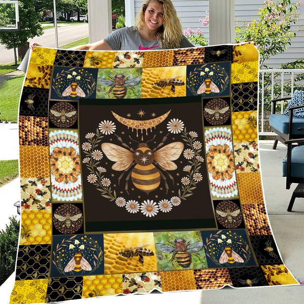 Vintage Bee Pattern Fleece Blanket, Vintage Bee Pattern Fleece Blanket-image