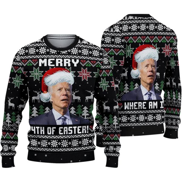 Merry 4Th Of Easter 3D Ugly Sweater, Biden President Santa Ugly Christmas Sweater-image