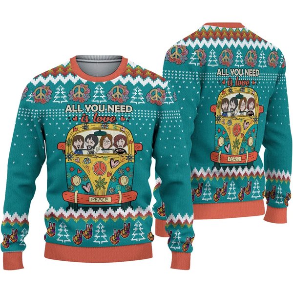 All You Need Is Love Hippie Peace Bus Ugly Christmas 3D Sweater-image