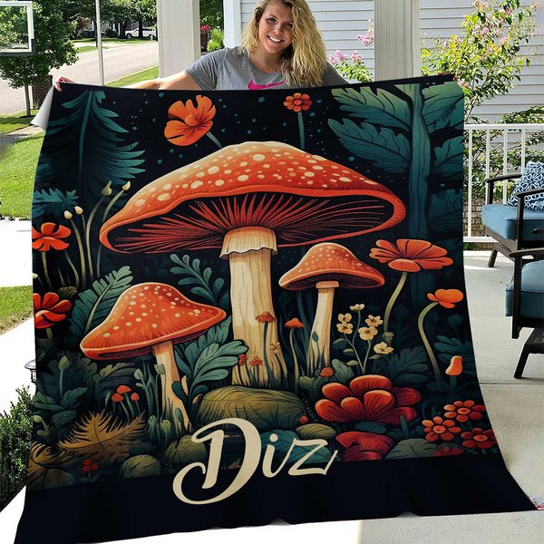 Personalized Mushroom Blanket, Vintage Fungi Blanket, Custom Name Plush Fleece
